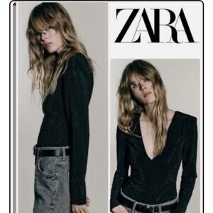 ZARA WOMAN NWT FW23 BLACK SPARKLY Knit BODYSUIT Size M